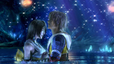 A captivating HD wallpaper from Final Fantasy X, featuring a romantic scene between characters standing in water under a starry, mystical sky.
