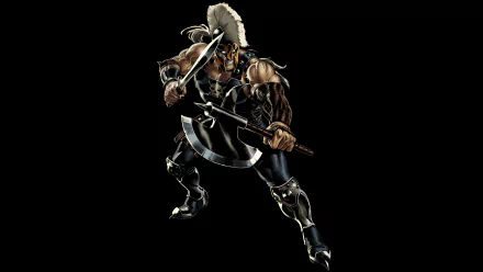 Ares from Marvel Comics in a dynamic battle pose, wielding a sword and axe, shown in a detailed 4K Ultra HD PC desktop wallpaper and background.