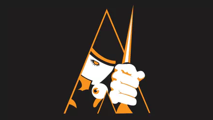 HD PC desktop wallpaper for the movie A Clockwork Orange: minimalist black background with an orange-and-white triangular Alex motif and a hand clutching a spike.