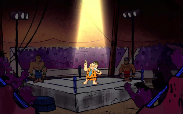 HD PC wallpaper from The Flintstones & WWE: Stone Age SmackDown! — Fred Flintstone stands in a spotlight in a Stone Age wrestling ring while cavemen and wrestlers cheer from the crowd.