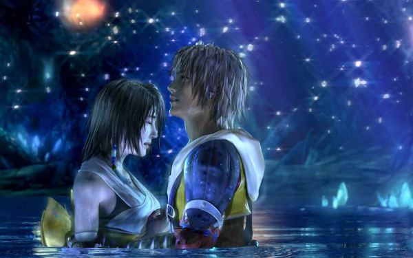 A captivating HD wallpaper from Final Fantasy X, featuring a romantic scene between characters standing in water under a starry, mystical sky.