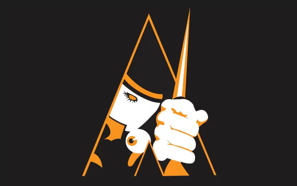 HD PC desktop wallpaper for the movie A Clockwork Orange: minimalist black background with an orange-and-white triangular Alex motif and a hand clutching a spike.