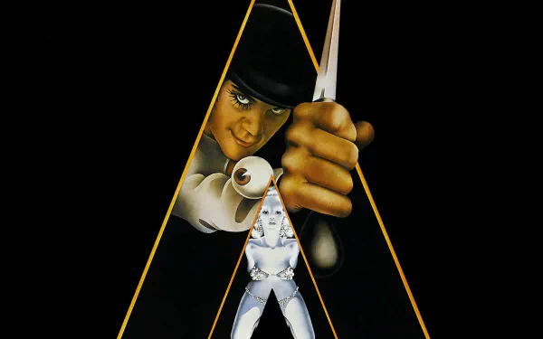 A Clockwork Orange movie HD PC desktop wallpaper: bowler-hatted figure peers through a golden triangular frame, holding a knife above a stylized dancer against a black background.