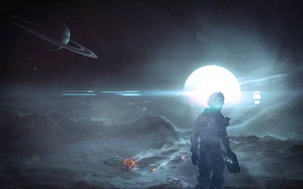 HD PC desktop wallpaper featuring a scene from the video game Dead Space, showing a lone figure on a foggy, alien landscape under a bright, glowing moon with a distant planet.