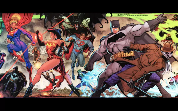 HD PC wallpaper featuring iconic DC Comics heroes and Watchmen characters including Robin, Rorschach, Superman, Supergirl, Batman, Joker, and Wonder Woman in dynamic action poses.