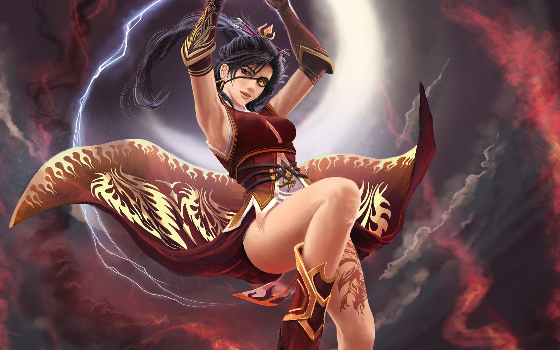 Fantasy wizard in ornate red robes summons lightning beneath a glowing moon — dynamic HD PC desktop wallpaper and background.