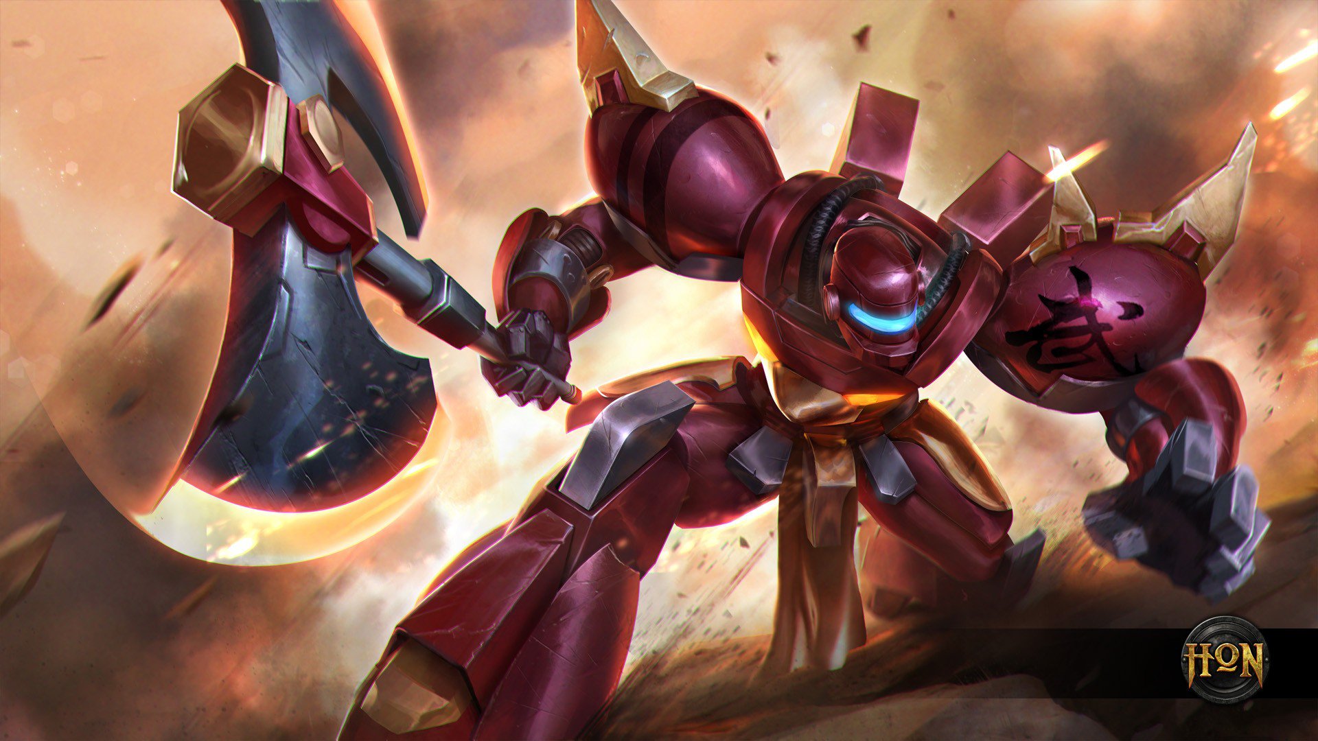HD PC desktop wallpaper background from the video game Heroes of Newerth: red armored mech hero wielding a glowing double-axe amid a smoky, fiery battlefield.