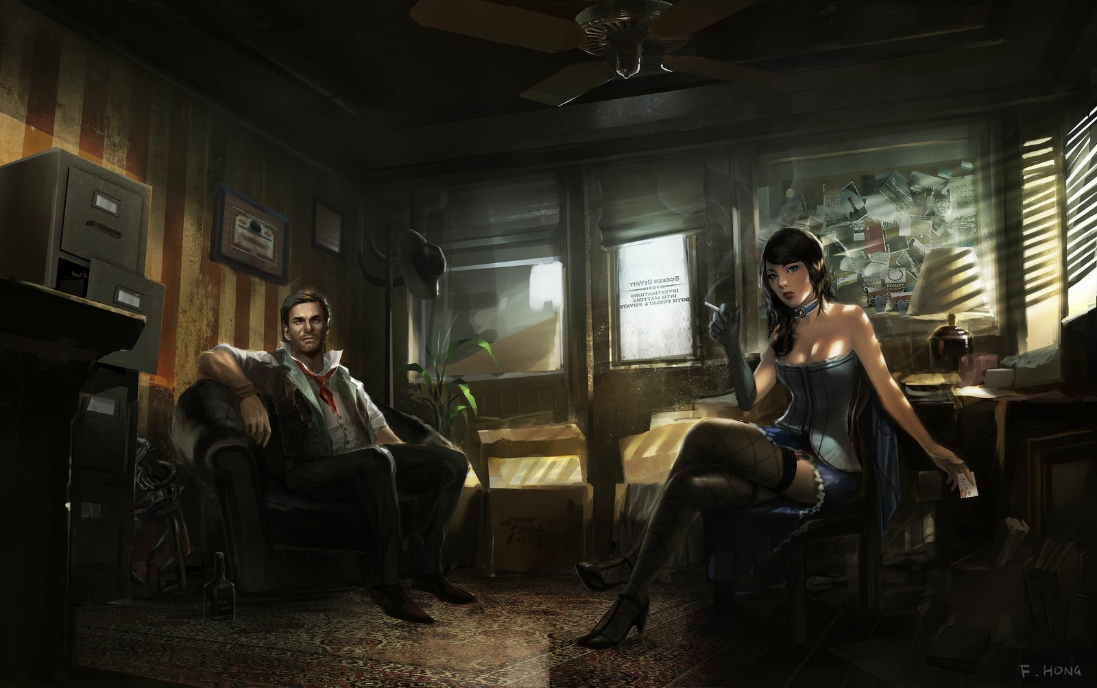 HD PC desktop wallpaper featuring characters from the video game Bioshock Infinite in a dimly lit, vintage-style room.
