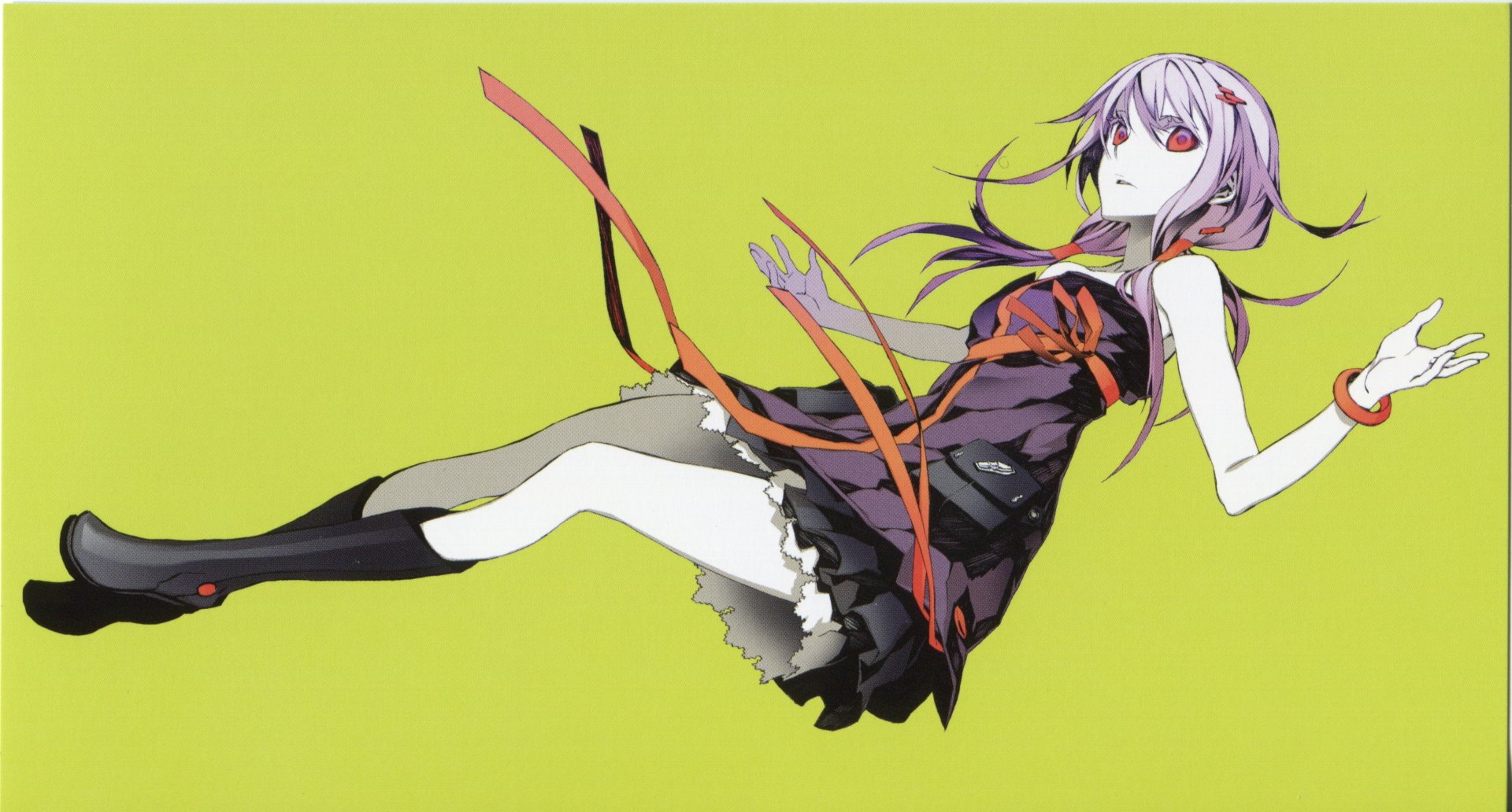 Anime-style character from Guilty Crown with flowing purple hair and a black dress, set against a vibrant lime green background in 4K Ultra HD resolution for PC desktop wallpaper.