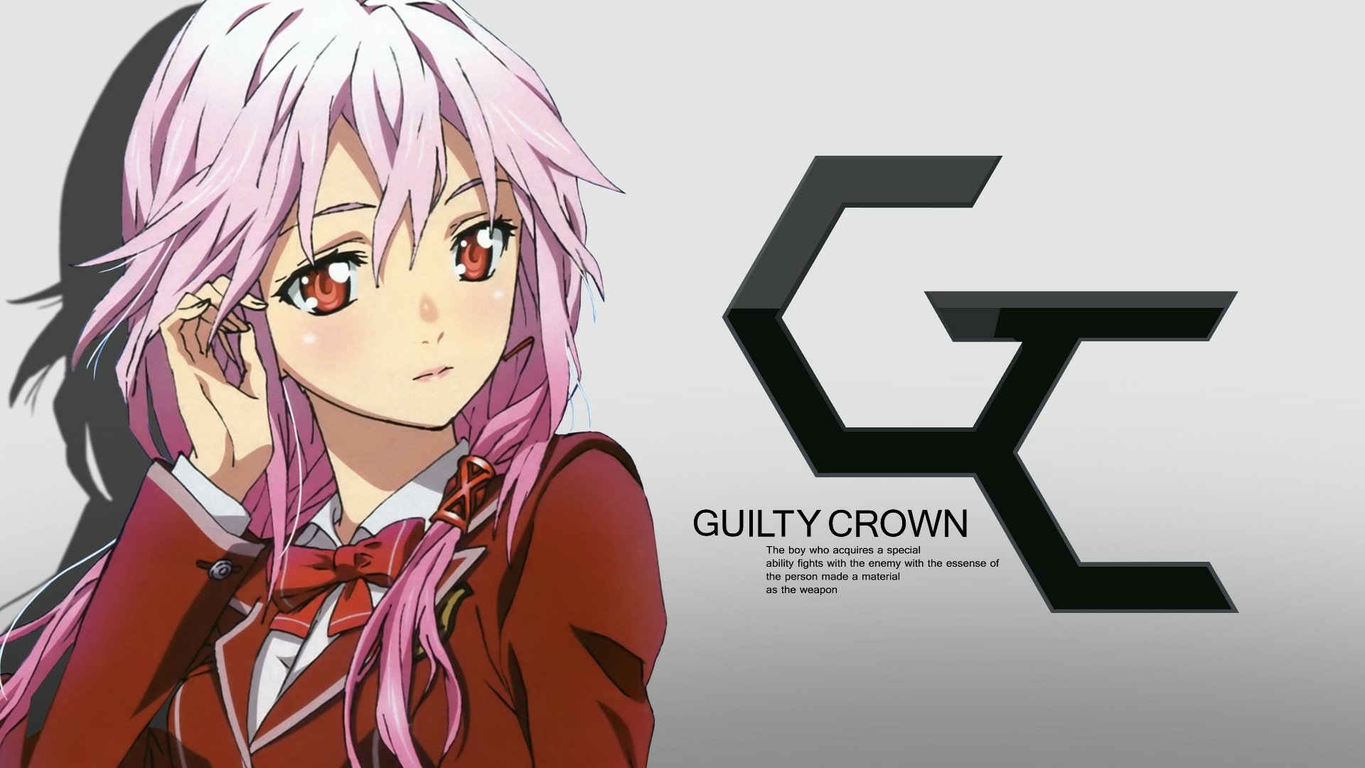 HD PC desktop wallpaper featuring an anime character from Guilty Crown with pink hair and a red outfit, alongside the Guilty Crown logo on a light gray background.