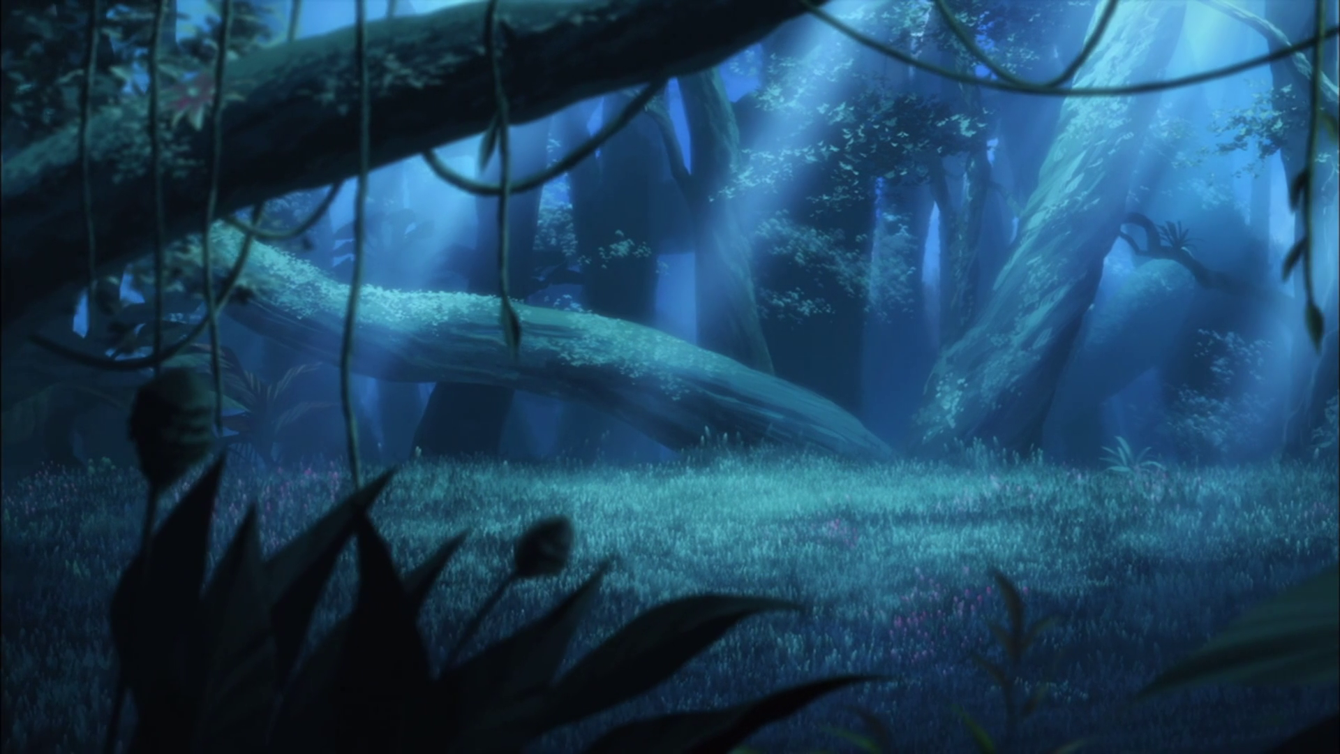 HD PC desktop wallpaper featuring a serene, moonlit forest scene from the anime Sword Art Online, showcasing glowing blue hues and detailed foliage.