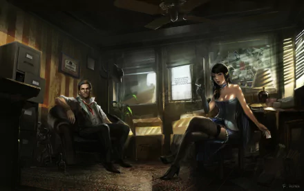 HD PC desktop wallpaper featuring characters from the video game Bioshock Infinite in a dimly lit, vintage-style room.