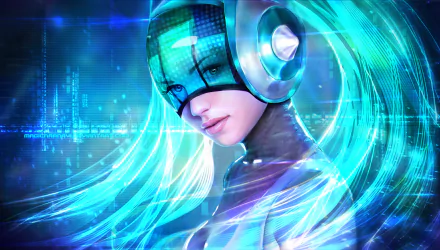 A futuristic HD wallpaper featuring Sona from League of Legends, showcasing her blue hair and fantasy elements, surrounded by glowing digital effects.