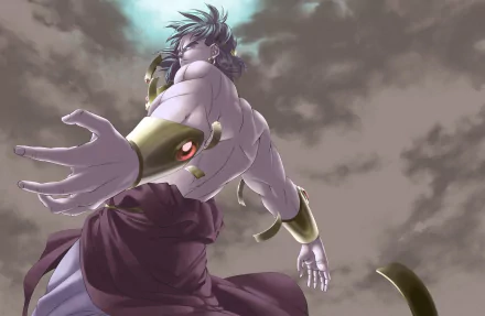 HD desktop wallpaper of Broly from Dragon Ball Z anime, showcasing his powerful stance against a cloudy sky background.