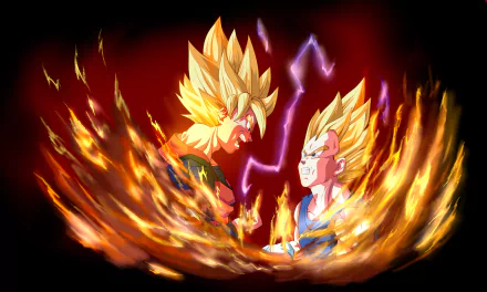 An HD desktop wallpaper featuring Goku and Vegeta from Dragon Ball Z in their Super Saiyan forms, surrounded by an intense aura of flames and energy, with lightning bolts in the background.