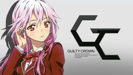 HD PC desktop wallpaper featuring an anime character from Guilty Crown with pink hair and a red outfit, alongside the Guilty Crown logo on a light gray background.