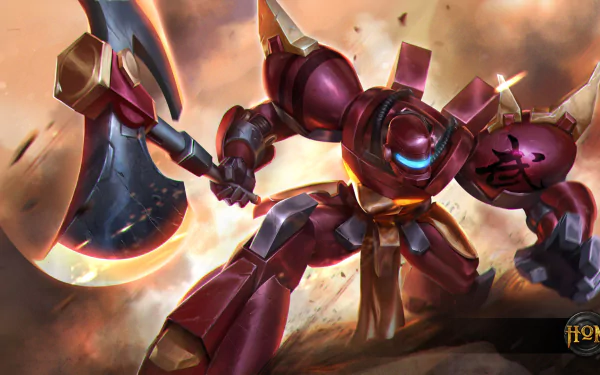 HD PC desktop wallpaper background from the video game Heroes of Newerth: red armored mech hero wielding a glowing double-axe amid a smoky, fiery battlefield.