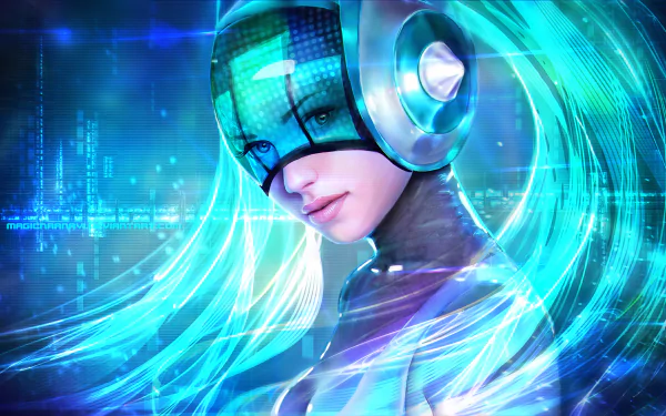 A futuristic HD wallpaper featuring Sona from League of Legends, showcasing her blue hair and fantasy elements, surrounded by glowing digital effects.