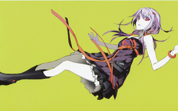 Anime-style character from Guilty Crown with flowing purple hair and a black dress, set against a vibrant lime green background in 4K Ultra HD resolution for PC desktop wallpaper.