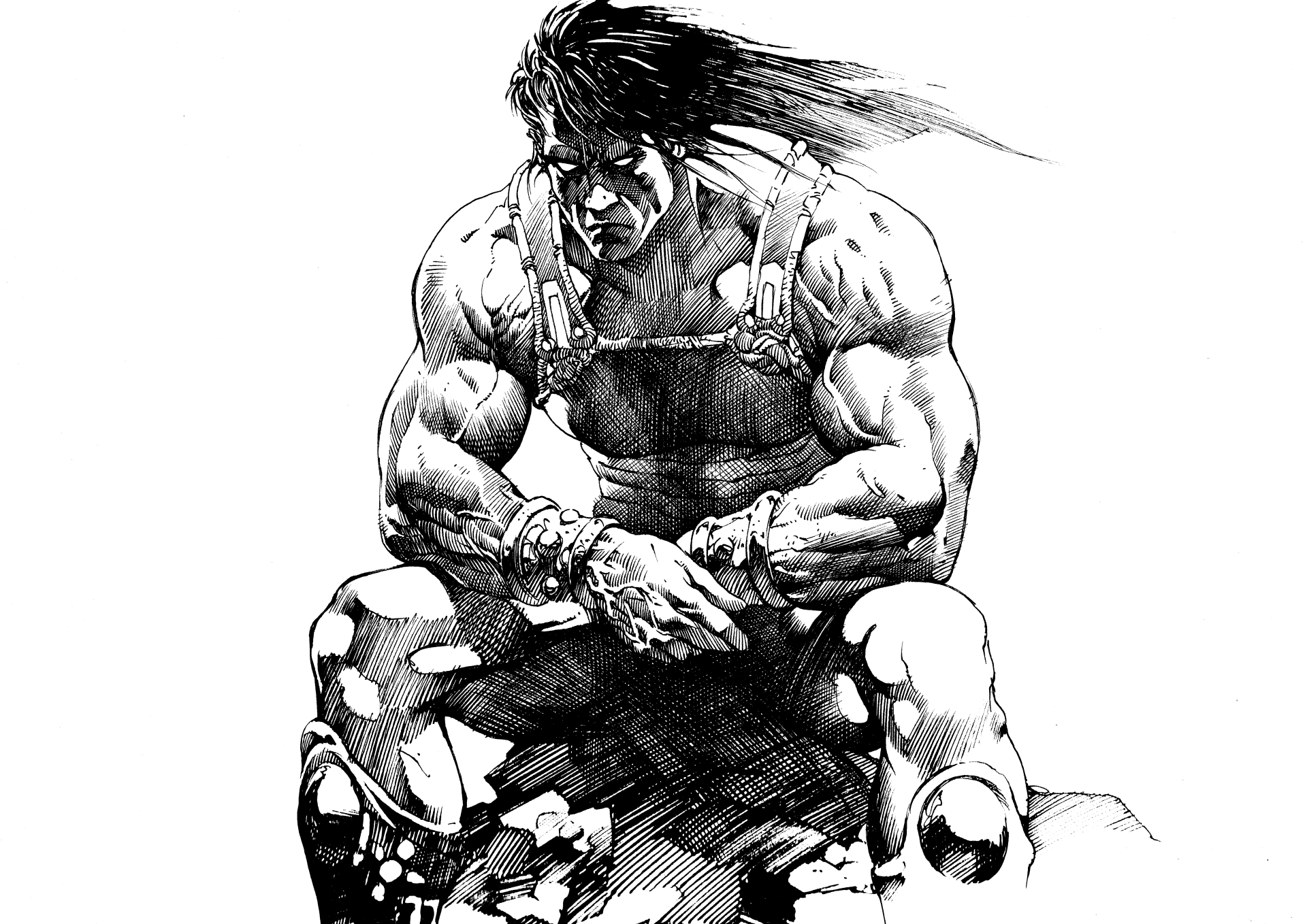 5K Ultra HD PC desktop wallpaper: black-and-white inked fantasy warrior barbarian, heavily muscled and seated with chained wrists, brooding posture.