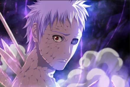 HD desktop wallpaper featuring Obito Uchiha from Naruto, showcasing his unique Sharingan and Rinnegan eyes amidst a mystical, smoky background.