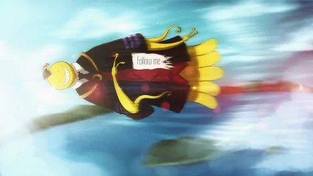 Koro-sensei from Assassination Classroom zooms through a vibrant backdrop, holding a sign that says Follow me in this dynamic 4K Ultra HD anime wallpaper.