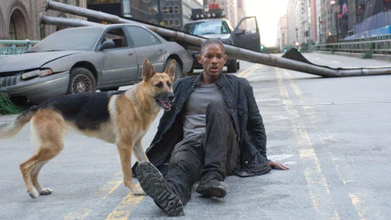 A scene from the movie I Am Legend, featuring a man sitting on an abandoned street beside a dog, with abandoned cars and a desolate city backdrop, rendered in HD quality.