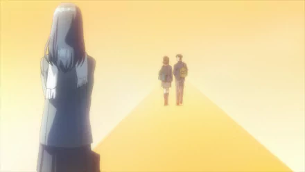 A serene HD wallpaper featuring Kana Kimishima from the anime Parasyte -the maxim-, capturing a contemplative moment as she watches two figures walk away into a glowing horizon.