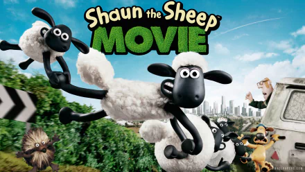 HD desktop wallpaper featuring characters from Shaun the Sheep Movie with Shaun leaping in the foreground.