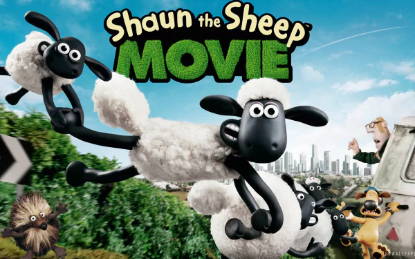 HD desktop wallpaper featuring characters from Shaun the Sheep Movie with Shaun leaping in the foreground.