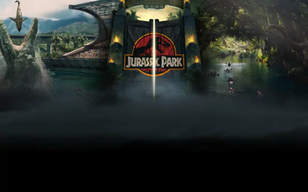 HD desktop wallpaper featuring lush jungle scenes from Jurassic World with a prominent Jurassic Park logo in the center.