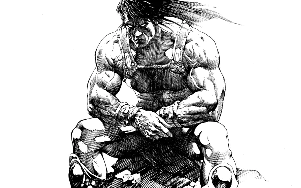 5K Ultra HD PC desktop wallpaper: black-and-white inked fantasy warrior barbarian, heavily muscled and seated with chained wrists, brooding posture.