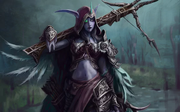 Sylvanas Windrunner from World of Warcraft stands confidently in this HD desktop wallpaper, showcasing her striking armor and intricate bow against a dark, atmospheric background.