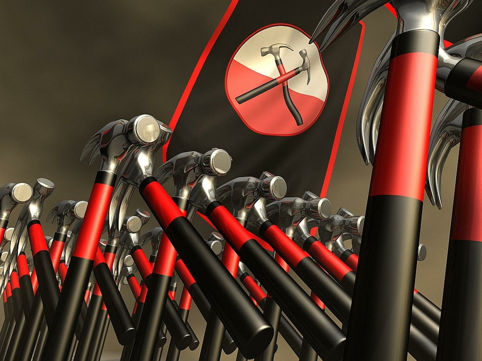 HD PC desktop wallpaper of red-and-black marching hammers converging on a circular emblem, from the movie Pink Floyd: The Wall.