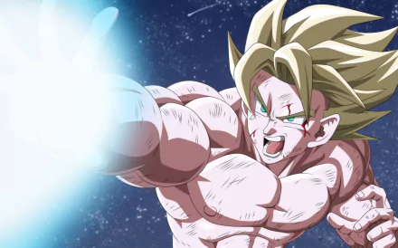 HD wallpaper of Super Saiyan Goku from Dragon Ball Z, showcasing him unleashing a powerful energy blast against a starry background.