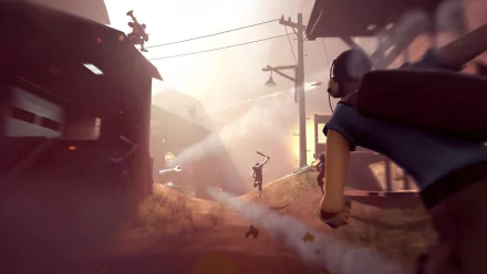 HD PC desktop wallpaper featuring a dynamic Team Fortress 2 scene with characters in a dusty, sunlit desert environment ready for battle.