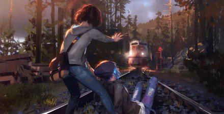 HD desktop wallpaper from the video game Life Is Strange, featuring characters Chloe Price and Max Caulfield in a tense moment on train tracks in a forested area.