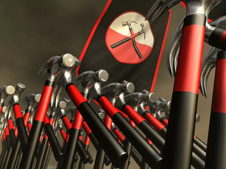 HD PC desktop wallpaper of red-and-black marching hammers converging on a circular emblem, from the movie Pink Floyd: The Wall.