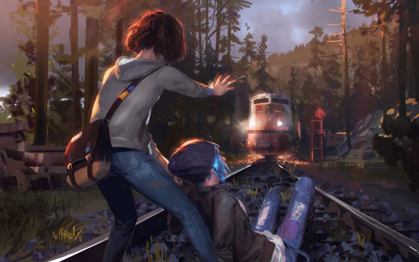 HD desktop wallpaper from the video game Life Is Strange, featuring characters Chloe Price and Max Caulfield in a tense moment on train tracks in a forested area.