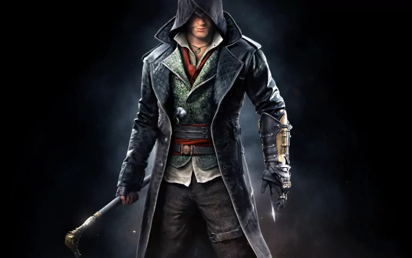 HD desktop wallpaper featuring Jacob Frye from the video game Assassin's Creed: Syndicate, shown in elaborate Victorian-era assassin attire and armed with a cane sword.