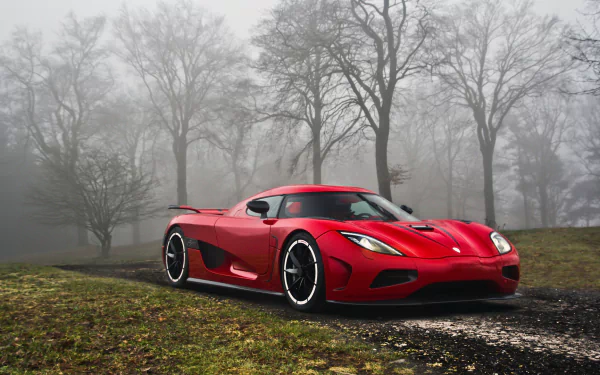 A striking red Koenigsegg Agera parked on a misty path, surrounded by bare trees, creating a dramatic and captivating HD desktop wallpaper.