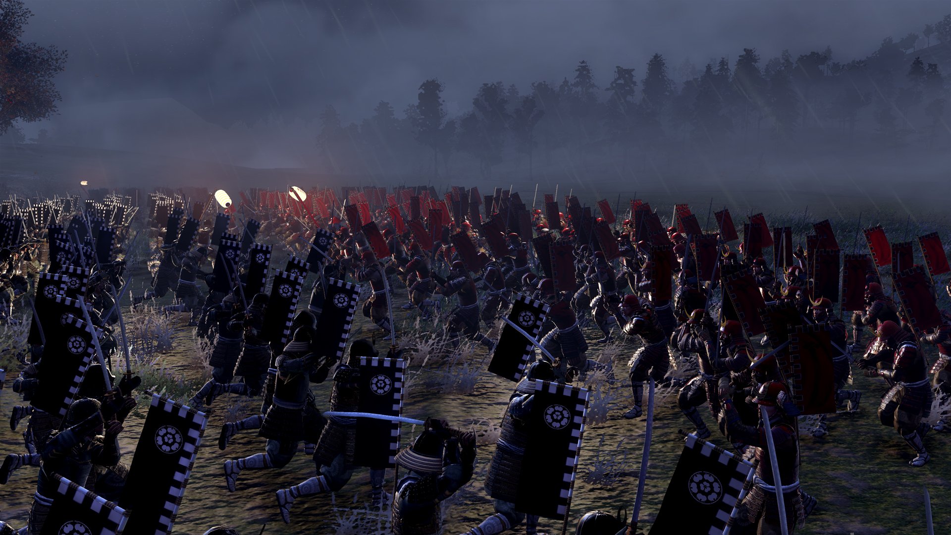 HD PC desktop wallpaper from the video game Total War: Shogun 2 depicting rows of samurai and ashigaru with banners and spears on a foggy battlefield lit by distant torches.