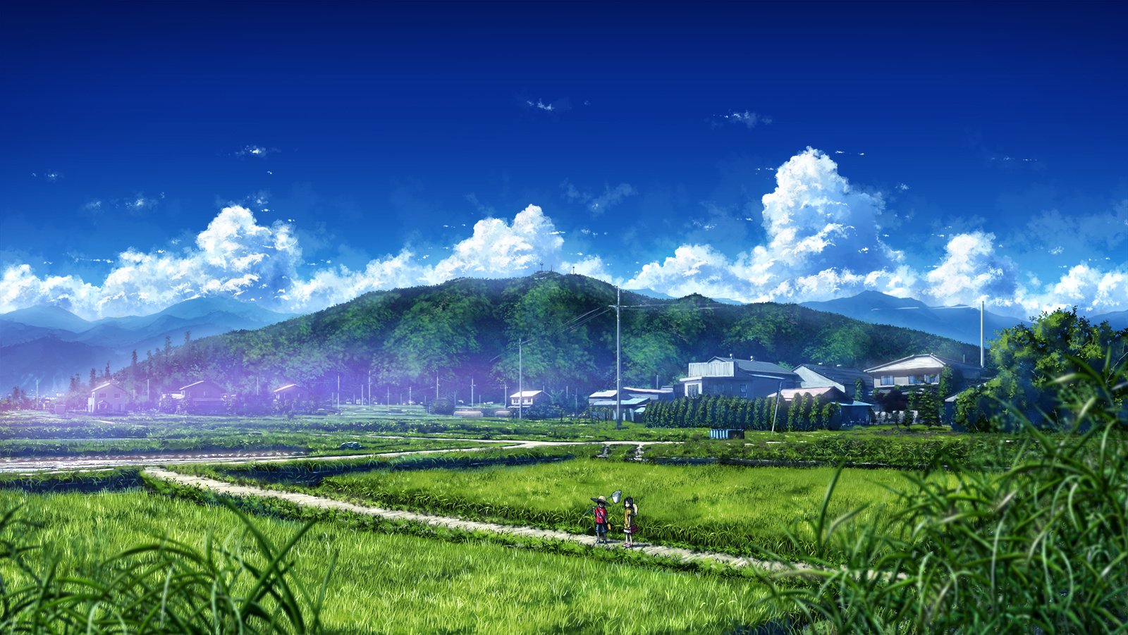 A serene anime landscape featuring lush grass, a quaint house, and mountains under a vibrant blue sky filled with fluffy clouds. This HD artwork serves as a captivating desktop wallpaper.