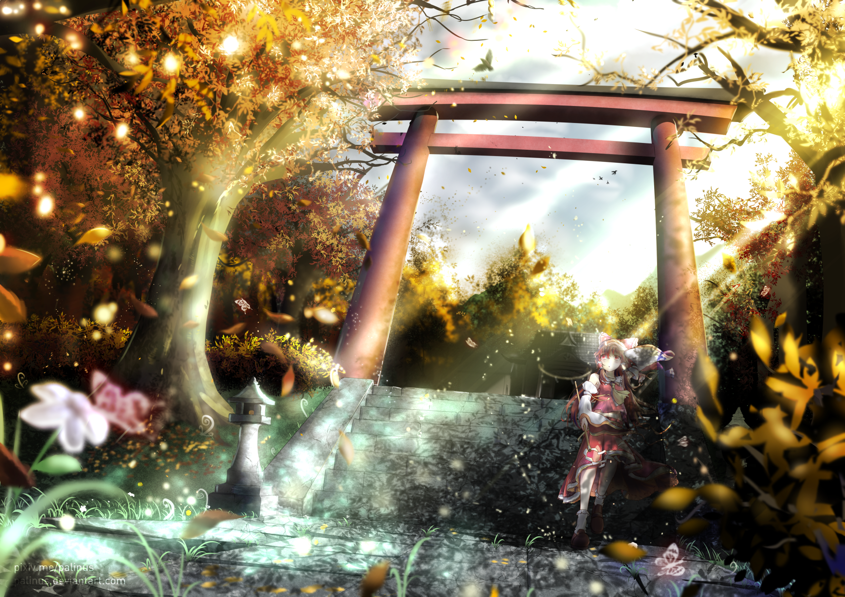 A serene anime landscape featuring Reimu Hakurei amidst vibrant trees, a torii gate, and a sunlit sky, showcasing the beauty of nature in a captivating HD wallpaper.
