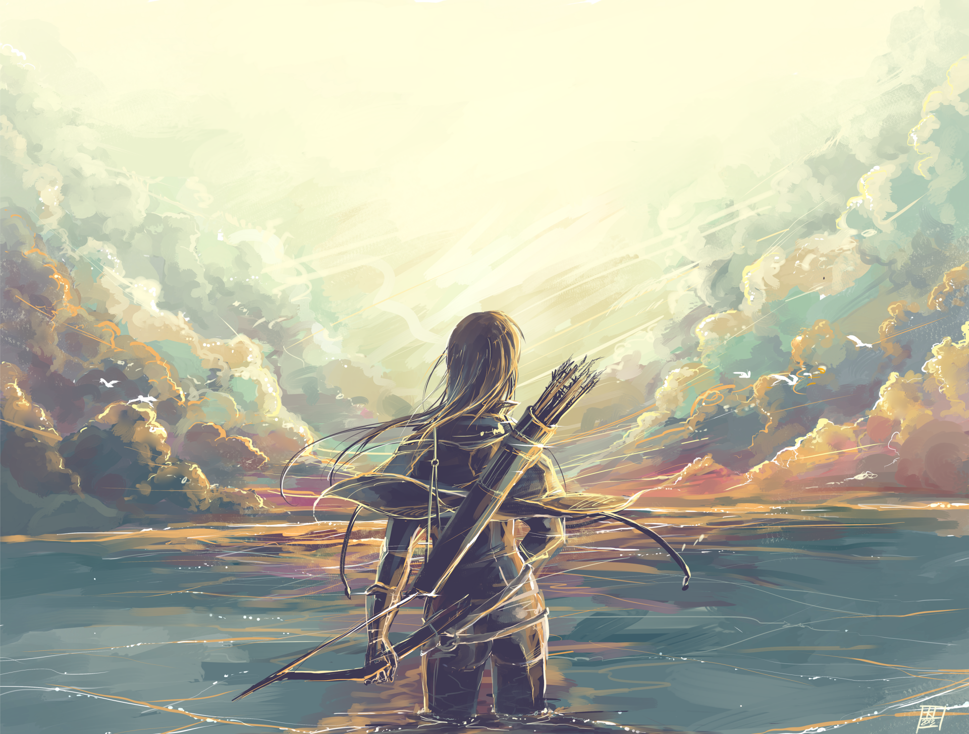 A fantasy-themed HD wallpaper featuring a woman warrior with an archer's bow, gazing over a tranquil sea under a dramatic sky filled with clouds and soft light.