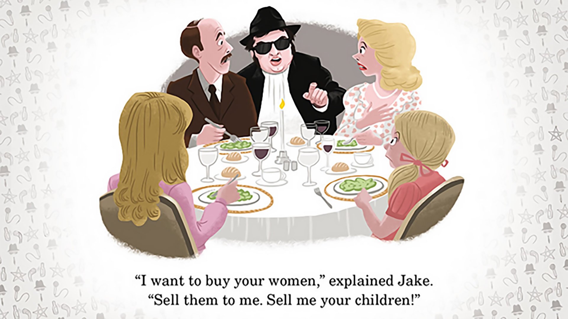HD PC desktop wallpaper featuring a cartoon scene from The Blues Brothers with characters dining and a humorous quote by Jake.
