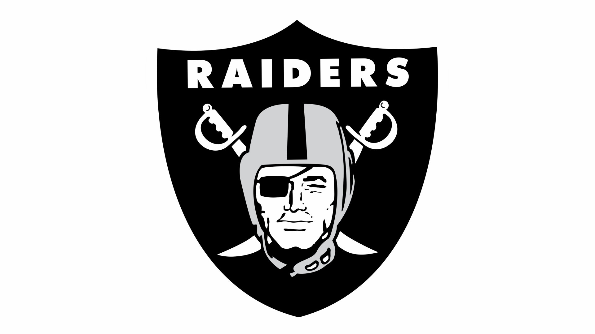 HD PC desktop wallpaper featuring the Las Vegas Raiders logo, showcasing the iconic pirate with crossed swords on a black shield background.