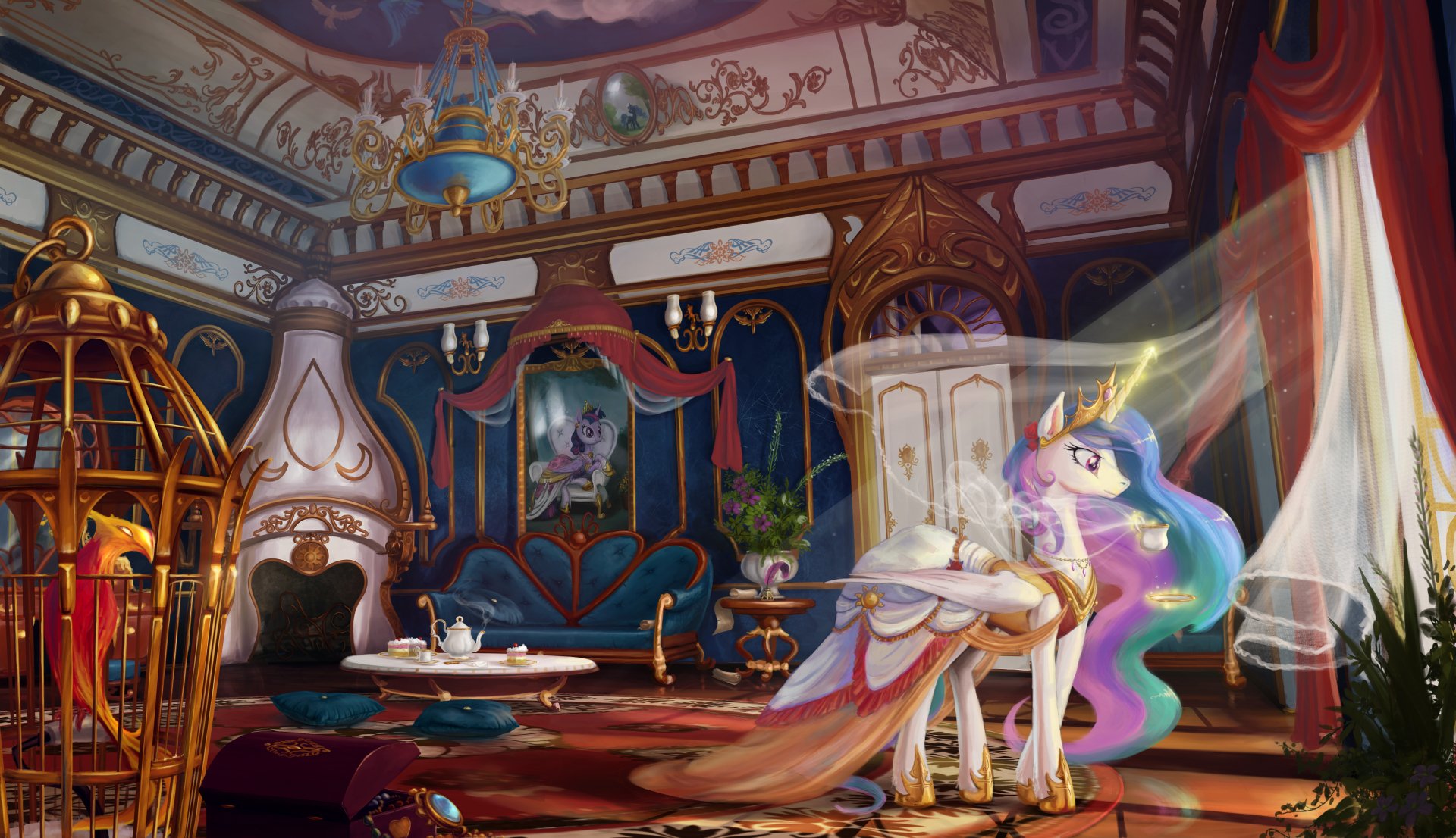 4K Ultra HD wallpaper featuring Princess Celestia and Twilight Sparkle from My Little Pony: Friendship Is Magic in an ornate, regal room setting.