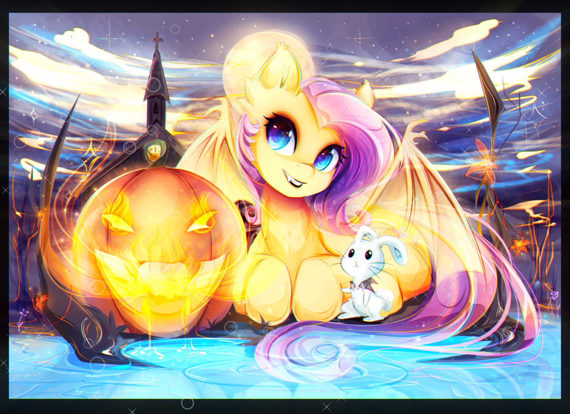 Bright, detailed 4K Ultra HD My Little Pony: Friendship Is Magic wallpaper featuring a cheerful pony with flowing hair, a glowing jack-o'-lantern, and a small white bunny.