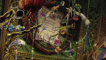 A detailed HD wallpaper inspired by Howl's Moving Castle, showcasing an intricate arrangement of magical artifacts, charms, and a handwritten note surrounded by vibrant colors.